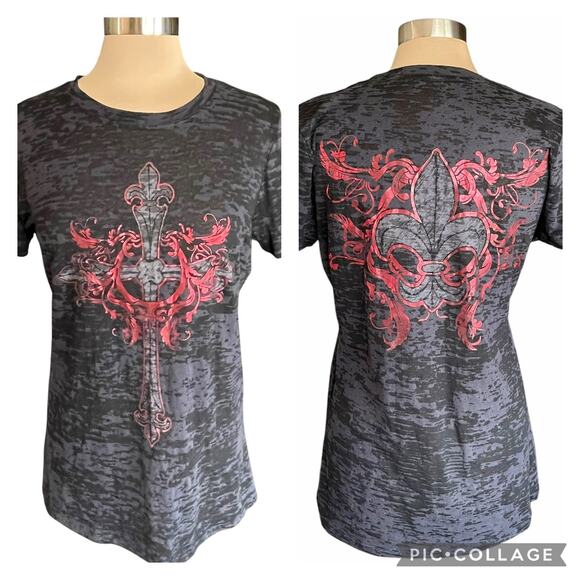 Rustic Rebellion Y2K Black Burnout Tee Foil Graphics Cross  Fleur-De-Lis Sz XL - Picture 1 of 7